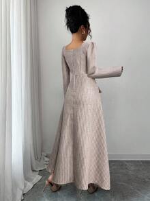 Elenzga Váy đi làm tay dài, cổ vuông, túi giả, nhiều màu, trang trí đinh tán, chắp vá, viền loe, mùa thu cho nữ - Cà phê nâu - Xem 2