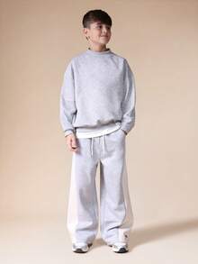 SUMWON Wide Leg Heathered Sweatpants With Ribbed Cuffs And Drawstring Waist For Comfortable Wear Vacation - Grey - View 3