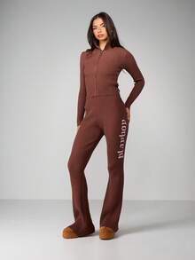 Missguided x Playboy Ribbed Knit Flare Pants With High Rise Waist And Wide Leg Silhouette For Fall Winter Comfort - Coffee Brown - View 5