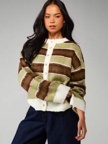 MISSGUIDED Button Through Relaxed Fit Striped Knit Cardigan With Long Sleeves And Ribbed Cuffs For Casual Layering - Multicolor - View 1