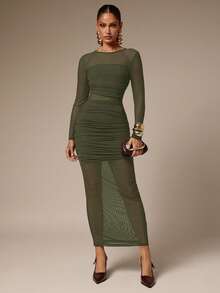 Silquee Vestido ajustado de fiesta elegante de mujer de unicolor con malla fruncida - Verde militar - Ver 1