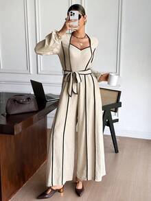 SHEIN Frenchy Herbst-Winter 2025 Damen Mode Lässiger Kontrast-Farbakzent Jumpsuit, Langarm Jumpsuit für Frauen, Damen Jumpsuits, Kontrast-Farbakzent Jumpsuit, Leinen Jumpsuits, Taillengürtel Jumpsuit, Eleganter Jumpsuit für Frauen, Brunch Outfit, Winteroutfits für Frauen, Stilvolle Bekleidungskollektion, Französischer Stil Kleidung, Silvester Outfit, Weihnachten, Thanksgiving Outfit für Frauen, Lässiges Outfit für Frauen, Vintage, Minimalistisch, Pendler, Büro, Perfekt für den Alltag - Aprikosenfarben - Übersicht 3