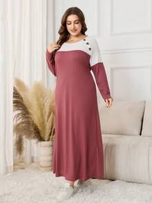 Lacomfia Váy len Waffle họa tiết khối màu cho nữ, cài nút vai, tay dài, dáng rộng thanh lịch cỡ lớn - Đỏ và trắng - Xem 4