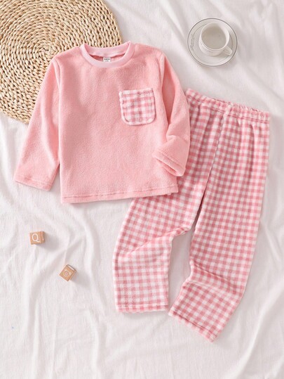 Set de 2 piezas de Top con bolsillo a cuadros rosas y Pantalones de franela a cuadros, Pijama de manga larga gruesa para bebé niña, cómodo para otoño/invierno