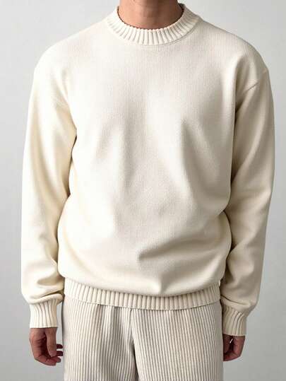 DAZY Men's Round Neck Solid Color White Dropped Shoulder Sweater, Autumn/Winter
