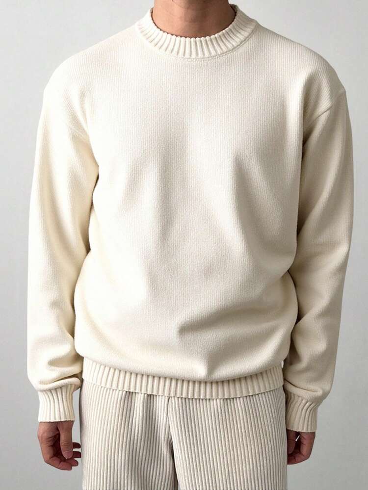 Men's Round Neck Solid Color White Dropped Shoulder Sweater, Autumn/Winter