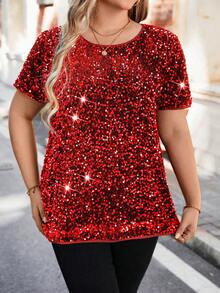 SHEIN Clasi Plus Size Round Neck Raglan Short Sleeve Shiny Fashion Shirt - Red - View 5