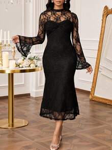 SHEIN Lady 女式优雅撞色蕾丝鱼尾下摆喇叭袖中长连衣裙，秋季 - 黑色 - 查看 7