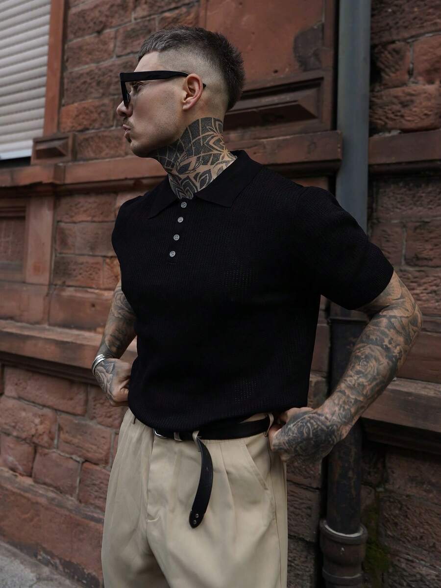 Artur Kramer Men's Hollow Design Knitted Polo Shirt, Minimalist Fashion, Suitable For Summer