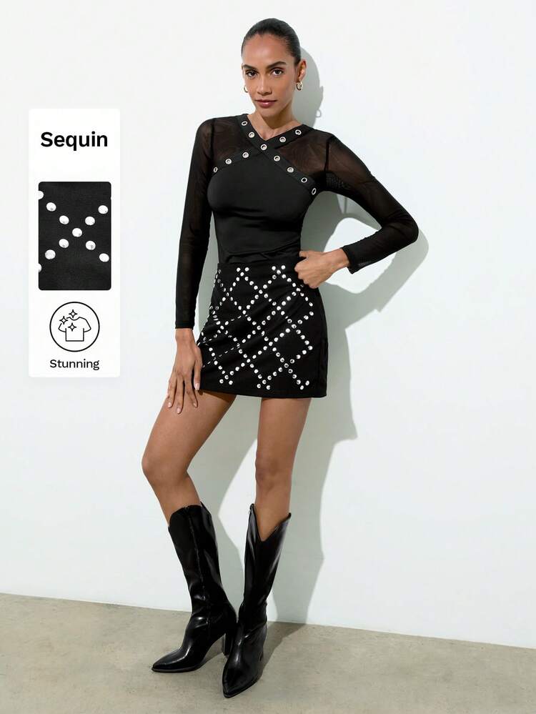 SHEIN Maija Black Rhinestone Rhombus Pattern Skirt, Suitable For Urban Party And Gathering Party Dresses Stylish Clothing Collection Sparkly Dress Sequin Black Mini Skirt  Sexy Dress Sequin Skirt