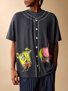 SpongeBob SquarePants | SHEIN 男士休闲卡通图案短袖T恤，夏季 - 深灰色 - 查看 4