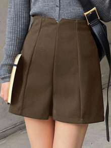 FRIFUL 女士纯色优雅阔腿短裤，后拉链设计