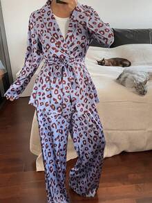 DAZY Charming Leopard Print Satin Robe & Pants Set, Women Sleepwear, Fall & Winter Clothes - Blue - View 3