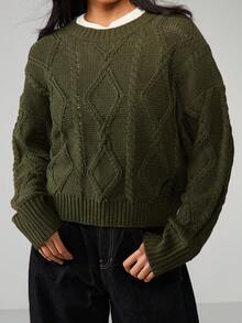 MISSGUIDED 橄榄绿麻花针织套头毛衣，冬季舒适，质感十足，长袖套头衫，秋季时尚单品 - 墨綠色 - 查看 4