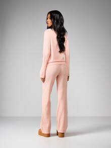 MISSGUIDED 粉色针织露肩套头衫和卷边喇叭裤套装家居服两件套 - 粉色 - 查看 2