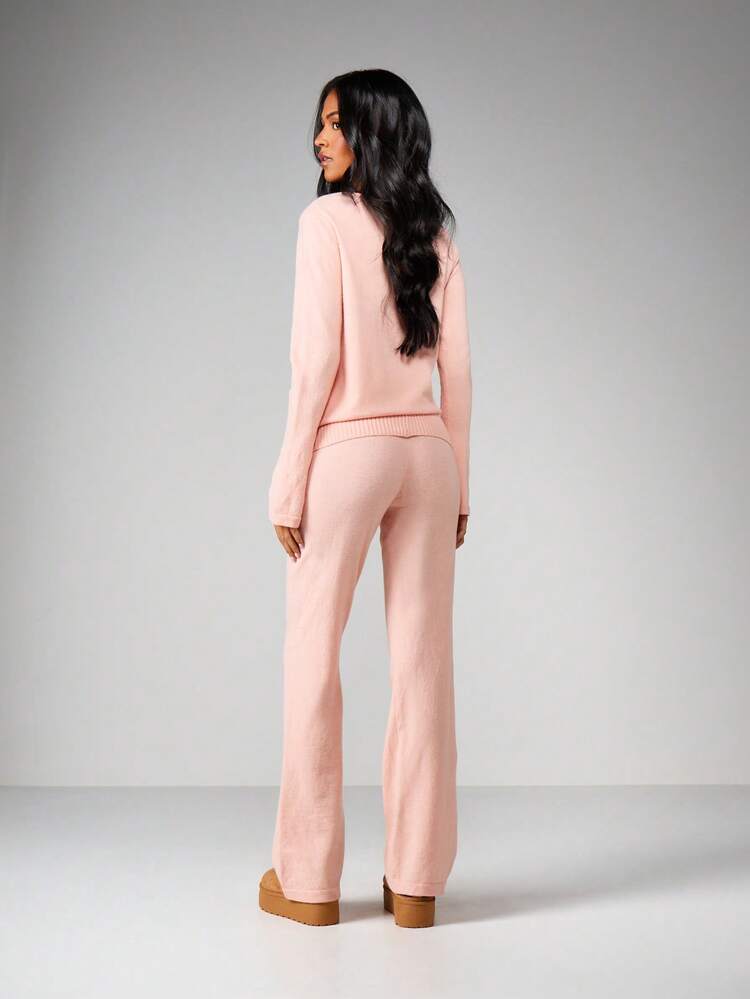 MISSGUIDED Knitted Bardot Jumper And Roll Top Flares Co Ord Set Pink Lounge Wear Two Piece