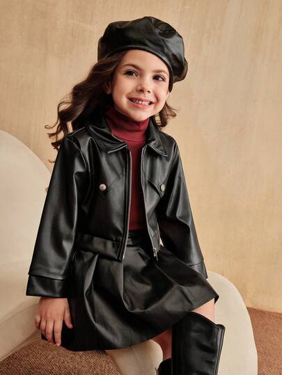 SHEIN Elladie kids 3 件套年轻女孩休闲黑色长袖圆领仿皮夹克 + 酒红色高领上衣 + 迷你裙套装，甜美酷炫风格，秋冬