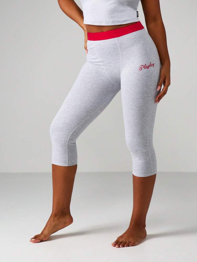 Missguided x Playboy High Waisted Capri Leggings With Script Lettering And Color Block Detail