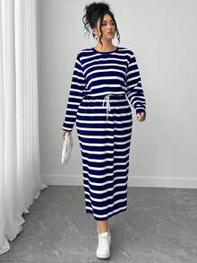 Elenzga 大码女式休闲通勤条纹长袖连衣裙 - 藍色 - 查看 4