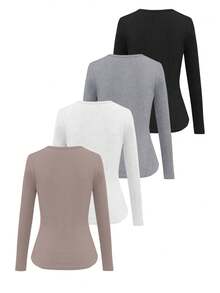 EMERY ROSE 女士纯色V领长袖修身罗纹休闲T恤 - 彩色 - 查看 2