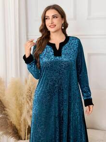 Lacomfia 复古蓝色提花撞色连衣裙，女士长袖V领宽松显瘦大码优雅长裙 - 藍色 - 查看 3