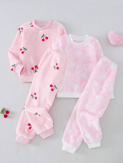 2 pièces/Set Haut à manches longues et pantalon de pyjama avec imprimé cœur et cerise mignon et minimaliste pour jeune fille