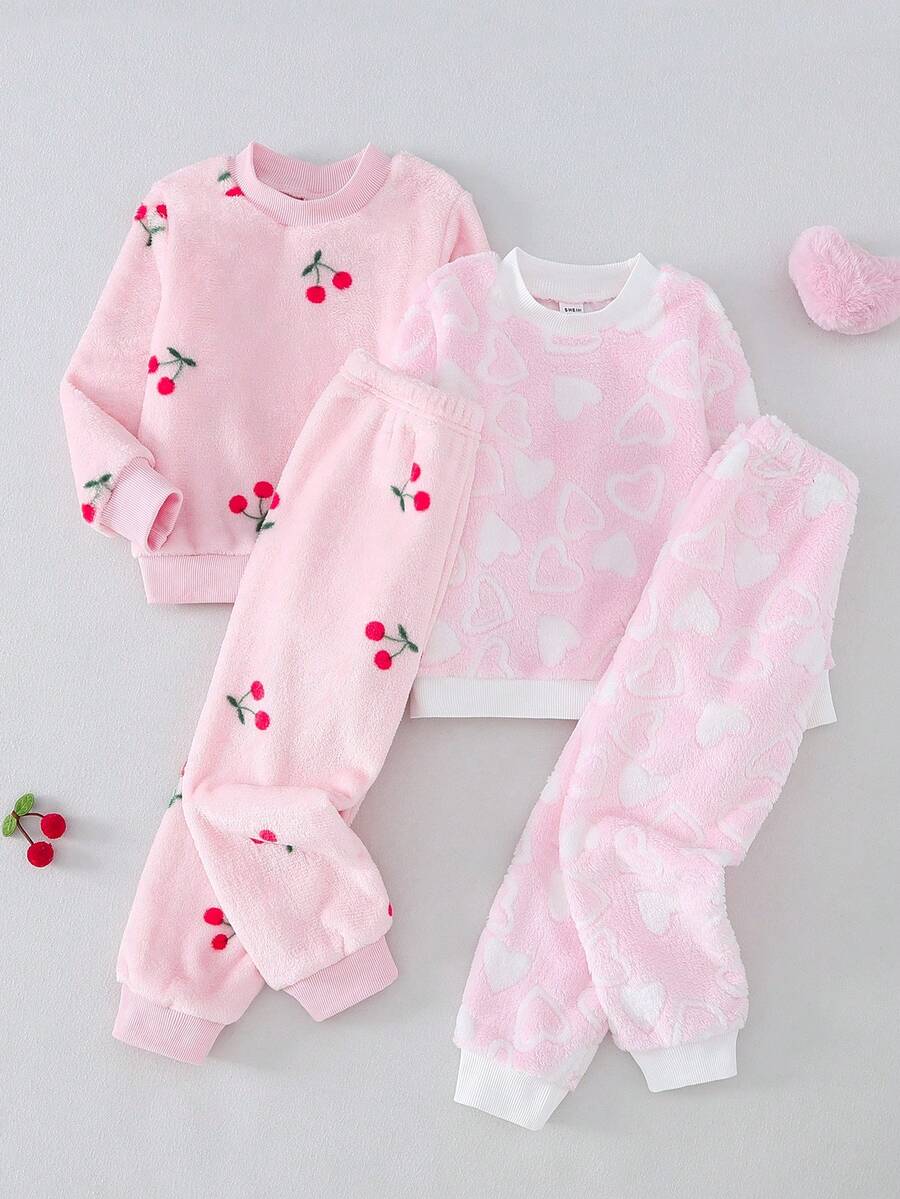 Set de 2 piezas de pijama con top de manga larga y pantalones con estampado de corazón y cereza, diseño minimalista y lindo para niña joven - Multicolor - Ver 1