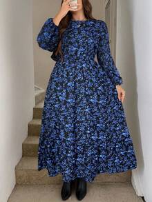 SHEIN LUNE Đầm thường ngày cổ tròn tay đèn lồng in họa tiết hoa toàn thân cho nữ cỡ lớn - màu đen - Xem 4