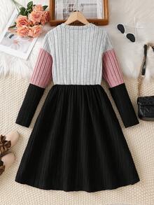 Young Girls' Colorblock Crew Neck Long Sleeve Rhinestone Bow Decor Casual Dress, Suitable For Everyday Wear, Spring/Autumn - Multicolor - View 2