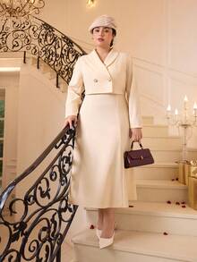 SHEIN MOD Plus Size Women's Apricot Blazer And Dress Set, Elegant Office Outfit. Outfit.Elegant Party, Date, And  Outfits.Elegant Office Attire