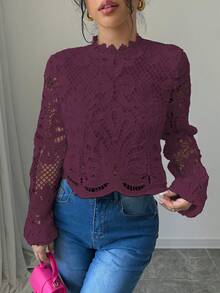 Elenzga 2025秋季新款法式时尚修身高品质蕾丝长袖短款上衣，休闲衬衫，适合通勤、度假、约会、外出、节日、花园、家庭聚会、劳动节、节日庆典、独立日、返校季、教师节、万圣节、感恩节等场合穿着。 - 酒紅色 - 查看 4