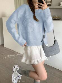 SHEIN 青少年女孩花卉圖案純色圓領秋季毛衣，3D花朵裝飾，適合冬季與萬聖節 - 藍色 - 查看 3