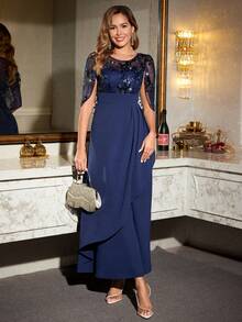 Amorya Women's Navy Blue Sequin Lace Capelet Long Maxi Dress | Elegant Valentine's Day Wedding Guest Party Going Out Summer Dress Wedding Guest Dress Women Navy Blue Elegant Dress Mother Of Bride Dress Gala Dress Elegant Curve Formal Evening Gown Mother Of Groom Dress  Spring/Summer Modest Dress Abaya Dress Beach Wedding