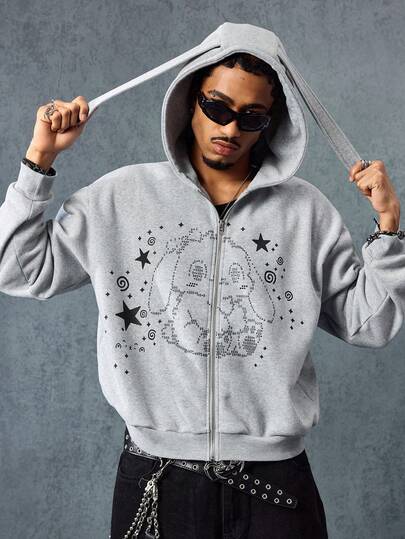 Street Life Men's Rabbit Ear Hoodie, Minimalist Print, Long Sleeve  Sweatshirt