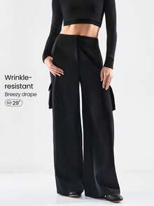 GLOWMODE 26" Cool Cargo Woven Wrinkle-Resistant Side Pockets Elastic Waistband Cargo Wide-Leg Pants  Daily Casual Wear Spring Summer - Black - View 1