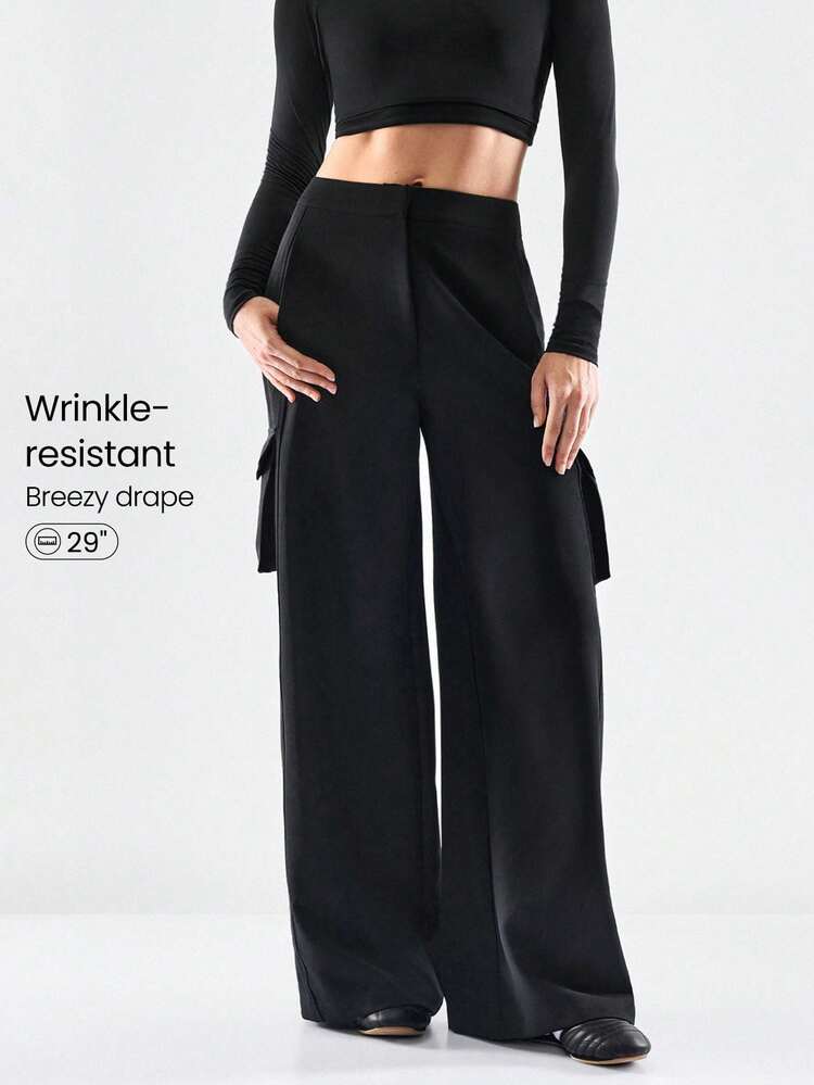 26" Cool Cargo Woven Wrinkle-Resistant Side Pockets Elastic Waistband Cargo Wide-Leg Pants  Daily Casual Wear Spring Summer