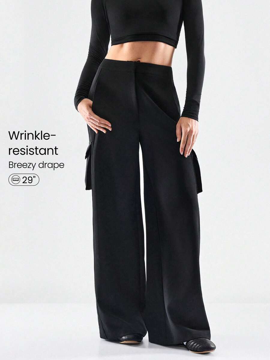 GLOWMODE 26" Cool Cargo Woven Wrinkle-Resistant Side Pockets Elastic Waistband Cargo Wide-Leg Pants  Daily Casual Wear Spring Summer - Black - View 1