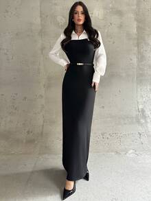 Firerie 女士新款优雅简约日常休闲通勤修身连衣裙，黑白撞色长袖衬衫裙，秋冬新款衬衫裙，适合办公室工作服、教师装、外出穿着，是秋季女士服装的理想之选。 - 黑與白 - 查看 6