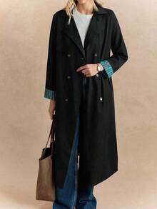 Écloséra French Retro Navy Blue Striped Fitted Lapel Original Fabric Belt Waist Closure Slant Pockets Women's Autumn/Winter Long Sleeve Trench Coat With Contrasting Butterfly Print Lining - Black - View 6