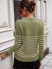 SHEIN LUNE Striped Pattern Button Detail Sweater In Fall/Winter - Green - View 3