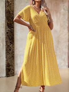 Roveilla 大码女装夏季度假风碎花重叠V领荷叶边短袖连衣裙黄色长裙黄色长裙女装黄色度假连衣裙 - 黃色 - 查看 7