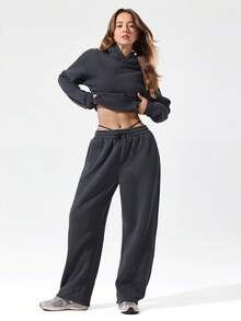 GLOWMODE Everyday Fleece Chill Season Soft Lightweight Warm Chill Balance Hip Curved Adjustable Drawstring Hem Waist Side Pockets Wide-Leg Joggers Pants Autumn Winter Outdoor Daily Casual - Iron Gray - View 8