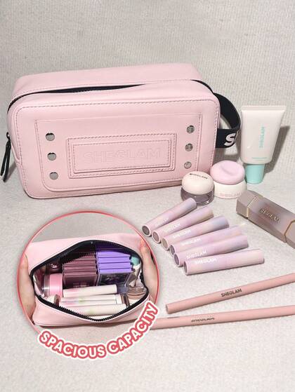 SHEGLAM Bolsa De Maquillaje Glow & Go, Bonita Bolsa De Maquillaje De Viaje PortáTil, Grande, Color Rosa, Organizador De ArtíCulos Esenciales Para CosméTicos De Viaje Marca Belleza Maquillaje CosméTico Para Mujeres NiñAs Perfecto Para OtoñO Invierno Ideal Para Y2K Elegante Moda Adecuado Para CumpleañOs Navidad Presente Fiesta Listo Mejor Color