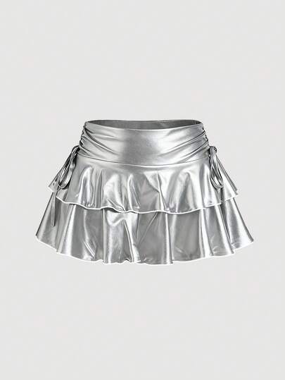 SHEIN MOD Falda casual de mujer con cordón y nudo, de doble capa, de material de PU, color plateado