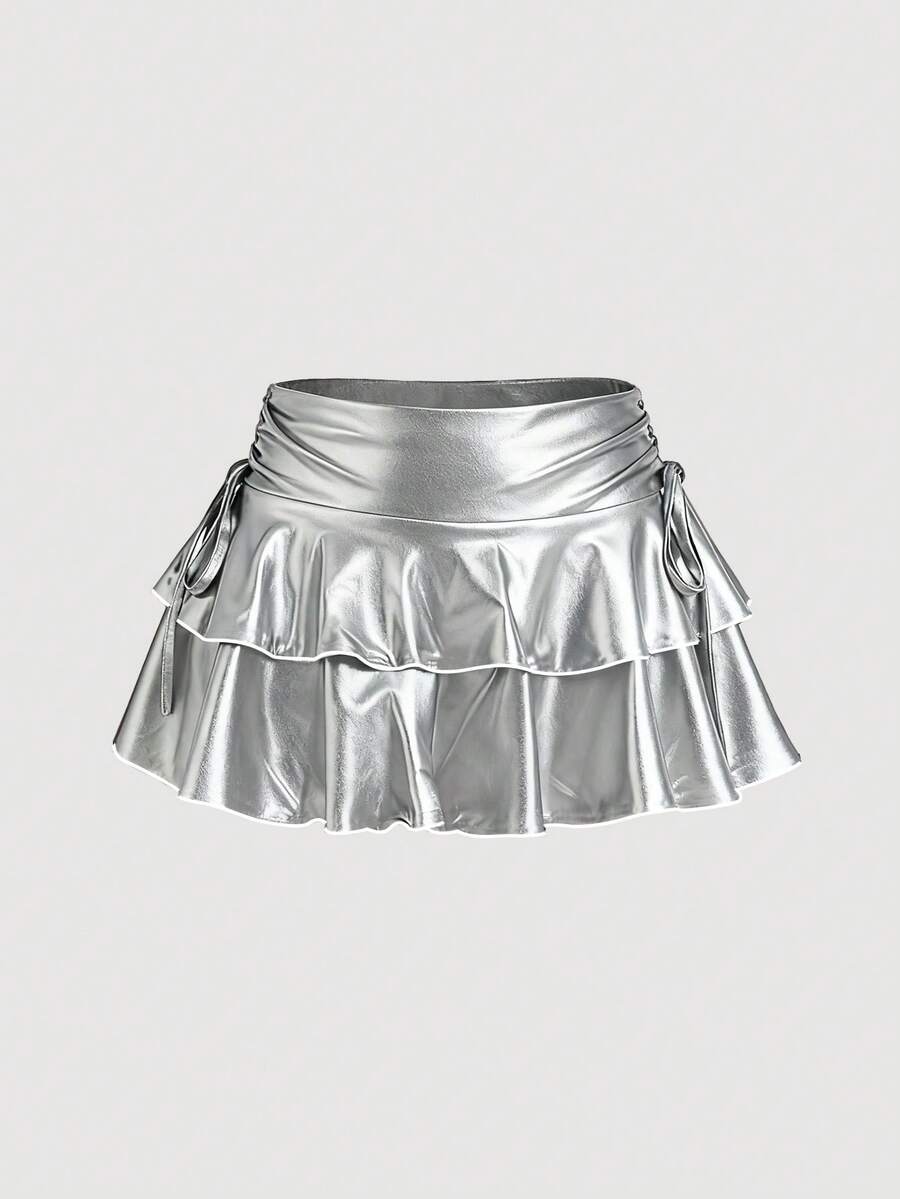 SHEIN MOD 女士休闲抽绳系带双层蛋糕裙，PU 材质，银色 - 銀色 - 查看 1