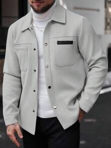 Manfinity CasualCool 男士纯色休闲长袖外套，适合秋冬季节穿着，灰色纽扣大衣