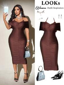 Viva Relle Robe moulante élégante pour femmes grandes tailles avec épaules dénudées, froncée et col noué - Marron fonçé - Voir 3