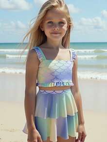 Tween Girls' Summer Beach Mermaid Scale Print 3 PiecesBikini Set Two Piece Tween Vacay Tween Swimsuits Sea Shells Girls Swim Skirt Set Tween Two Piece Summer Tween Swimsuits Sea Shells With Skirt Summer Two Piece Set Tween