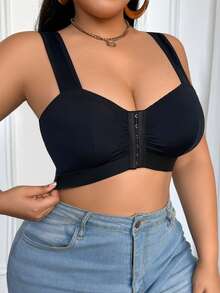 Plus Size Ruched Front Closure Wide Strap Bra - Black - View 3