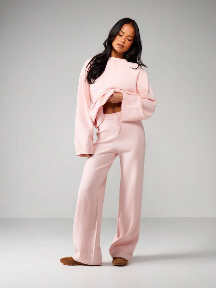 MISSGUIDED High Rise Ribbed Knit Straight Leg Pants With Button Front Waistband Detail